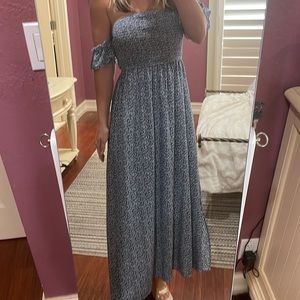 Off the shoulder flowered blue maxi dress